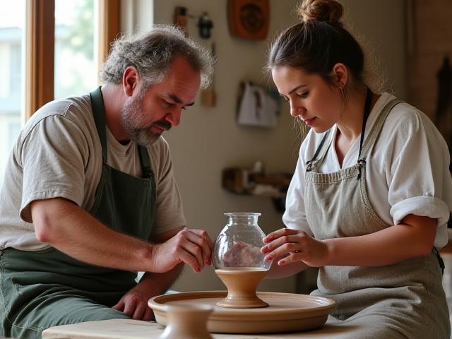 Fundadores de LirioVidrio trabajando en su taller artesanal de cerámica y vidrio en Medellín.
