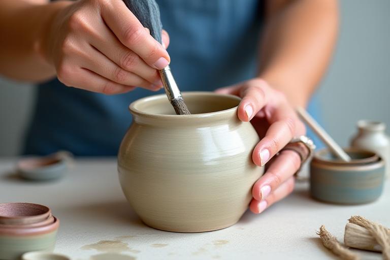 Artesano aplicando esmalte a una pieza de cerámica antes del horneado.
