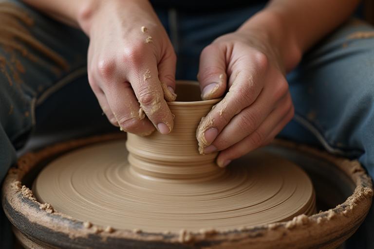 Manos de artesano moldeando cuidadosamente arcilla en un torno.