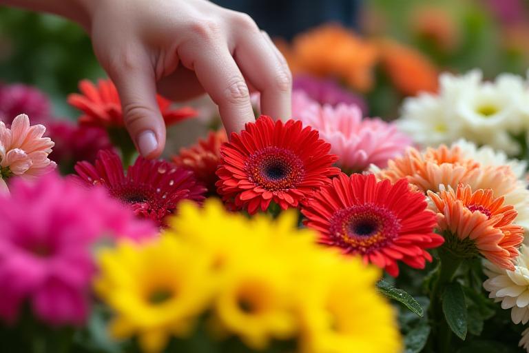 Manos seleccionando cuidadosamente una variedad de flores frescas y coloridas.