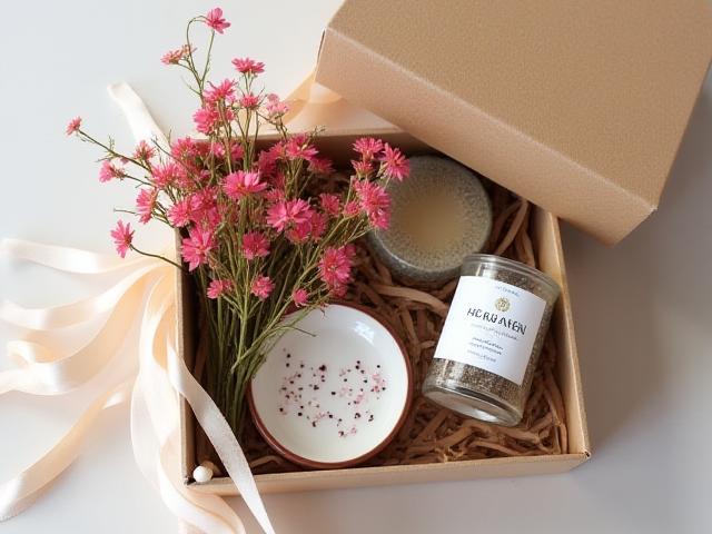 Caja de regalo con flores, vela y cerámica artesanal